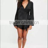 Women V Neck Wrap Pajamas With Private Label Black Long Sleeve Satin Pyjamas Set With Frilled Shorts thumbnail-2