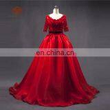Supplier In China Shiney Short Sleeve Ball Gown Organza Handmade Flower Beaded Red Prom Dress thumbnail-6