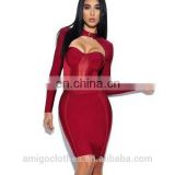 Amigo 2017 latest wine red long sleeve high neck dew chest cut out midi sexy bandage dress evening dresses for women club wear