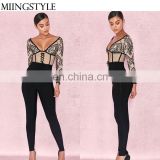 Hot sale spring bodycon V neck long sleeve bandage fashion lace jumpsuit sexy for ladies