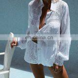 Белая хлопковая рубашка 2019 года для женщин. Сексуальная, с вырезом, с пиджакальным воротником и бисопскими рукавами. Летняя пляжная одежда. Верхняя одежда и блузка-туника для женщин thumbnail-2