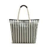 Wholesale Price classic stripe tote canvas shopping bag, big travel bag with leather trim handle