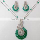 Twisted Designer Piece Green Emerald Beads Round Diamond Double Chain Pendant Earrings Set