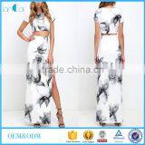 High Split Skirt With Short Sleeve Crop Top for Ladies 2017 New Fashion Water Printed Floral Two Pieces Sets thumbnail-1