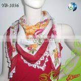 2016 Floral Printing Square Fashion Polyester Voile Scarf with Lace For Spring