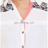 Adult Women's Fashion Lace Work at Shoulder Collar Neck Front Button Style High Quality Semi Sexy Sheer Sleeve Tops Lady Blouse thumbnail-4