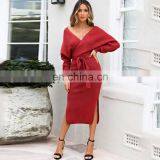 2020 Wholesale New Arrivals Summer Women Knitted Dress V Neck Bodycon Sweater Dress thumbnail-2