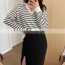 Women Casual Polo Neck Striped Silk Cashmere Sweater Jumper Shirt thumbnail-1