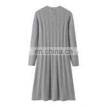 High Quality Ladies A-line Style Crew Neck Cashmere Dress Fall Winter Knee-Length With Yarn Dyed Technics thumbnail-2