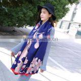 Hot Sale 2017 New Style Young Ladies Scarf Beautiful Pink Lotus Printed Blue Bottom Color Women Mufflers thumbnail-4