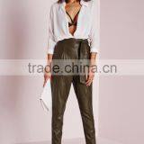 New Arrival Khaki Tie Waist Faux Leather Pants Women thumbnail-1