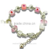 Fashion european beads pink charm bracelet european beaded pink tone charm bracelet