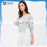 Wholesale Blank Drop Shoulder Sleeves Striped Jersey 100% Viscose T-shirt for Women thumbnail-1