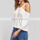 Cut Out White Strap T-shirts Sexy Basic 3/4 Sleeve Women Summer Tops 2017 Cold Shoulder Brief Stretchy V Neck T-shirt thumbnail-2