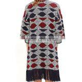 Drop Shoulder 3/4 Sleeves Geo-patterned Knitted Long Cardigan 2015 Women With Tasseled Hem thumbnail-3