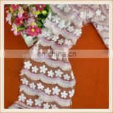 Hot sale pink 3D embroidered lace fabric with cotton fringe and sequins decoration on sale