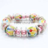 Cute Printed Beads w/ Pink Pearl Stretch Bracelet Gemstone Metal Glam Bracelet For Women Jewelry 2016 New Design