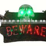 13" Polyresin LED Holloween Skull Plaque With Flashing LED "BEWARE" & Music, thumbnail-1