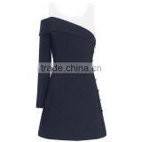 HAODUOYI Contrast Colour Fake Two-Piece Style Women Dress Side-buttoned O-neck One Sleeve Lady A-line for Wholesale thumbnail-5