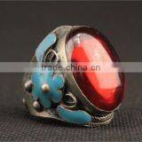 Miao Silver Ring Carved Mosaic Artificial Red Zircon Ring