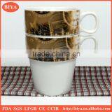 lowest EU anty duty white porcelain round stacked coffee cup with personalized decal printing with handle printing cup