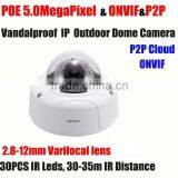 POE 5mp ip vandalproof dome camera with 2.8-12mm lens HD P2P ONVIF