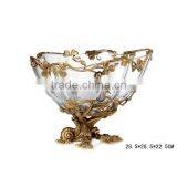Ornate Crackle Crystal Compote With Wave Edge, Hand Engraved Crystal Fruit Bowl Inlaid Bronze Casting Dragonfly Base thumbnail-4