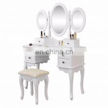 Classic Wooden 3 Fold Mirrors White Dressing Table Wood Dresser thumbnail-5