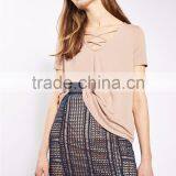 MGOO New Launched 100% Cotton Cross Straps V Neck Women T Shirts Plain Longline Loose Fit T-shirt thumbnail-3