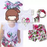 Summer Boutique Outfits Sets Children Flower Print Clothing Set Kids Clothes Matching Headband thumbnail-2
