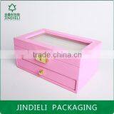 Pink Beautiful Fashion Leather Wooden Drawer Jewelry Box With Pvc Window thumbnail-2
