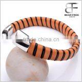 Brown and Black Stripe Leather Braided Cuff Bracelet Wristband, Couples Christmas Gift Stainless Steel Clasp thumbnail-3