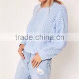 MGOO Women Plain Blue Cable Knit Slouchy Jumper With Drop Shouder Crop Knitwear Sweater thumbnail-3