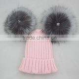 Myfur Baby Pink Wool Ribbed Knit Hat With Removable Silver Fox Fur Pom Poms thumbnail-6