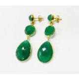 Green Onyx 3 Stone Bezel Setting Gold Plated Silver Earring thumbnail-2