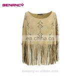 2017 Trendy Laser Cut Suede Kimono Poncho With Long Fringe