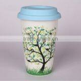 Popular Double Wall Ceramic Coffee Mug With Silicon Lid thumbnail-1