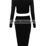 Pictures of Long Skirts and Tops for Sexy Womens 2Pcs Crop Top Midi Skirt Stretch Party Bandage Dresses thumbnail-6