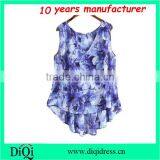 Blue Sleeveless Dip Hem Chiffon Floral Print Blouse thumbnail-1