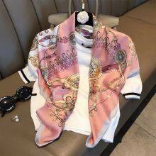 Pink Silk Oil Painting Satin Feels Soft Flowers Scarves Foreign Style High Quality 90*90CM thumbnail-1