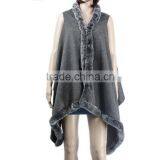 New Production Cashmere Cape With Fur Trim Rabbit Fur Trim Fur Shawl KZ150097 thumbnail-1