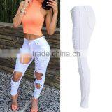 2016 Summer Pockets Zipper Closure Vogue High Waist Denim Pants Ladies White Full Length Destroyed Damaged Fashion Jeans Women thumbnail-3