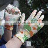 NMSAFETY EN388 Flower Print PU Gloves 13 g Polyester/nylon Liner Flower PU Gloves Anti Slip Glove From China thumbnail-1