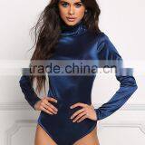MGOO Custom New Arriva Satin Navy High Neck Bodysuits Long Sleeves Plain Shining Open Back Sexy Tops thumbnail-3