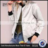 Women Satin Zip Up Jacket Sleek Metallic Bomber Jacket Silver Ribbing Trim Outwear With Side Pockets thumbnail-1
