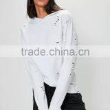 White Distressed Oversized Hoodie Cut Hole Custom 100% Cotton Frech Terry Drop Shoulder Ripped With Hooded thumbnail-2