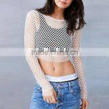 OEM/ODM Fishnet Shirt Women Long Sleeve Mesh Top Fishnet Tops Crop T Shirt Mesh Shirts thumbnail-1