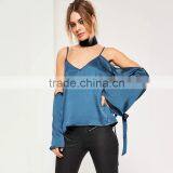 Stylish Sweet Girl Blouses Cold Shoulder Long Sleeve Satin Tops thumbnail-4