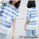 Pleated Hem Short Sleeve Blue and White Designer Satin t Shirt thumbnail-1