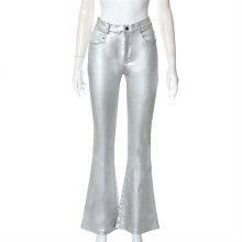 Women Metallic Silver Flare Pant Belted Wide Leg Low Rise Iridescent Flare Jeans thumbnail-3